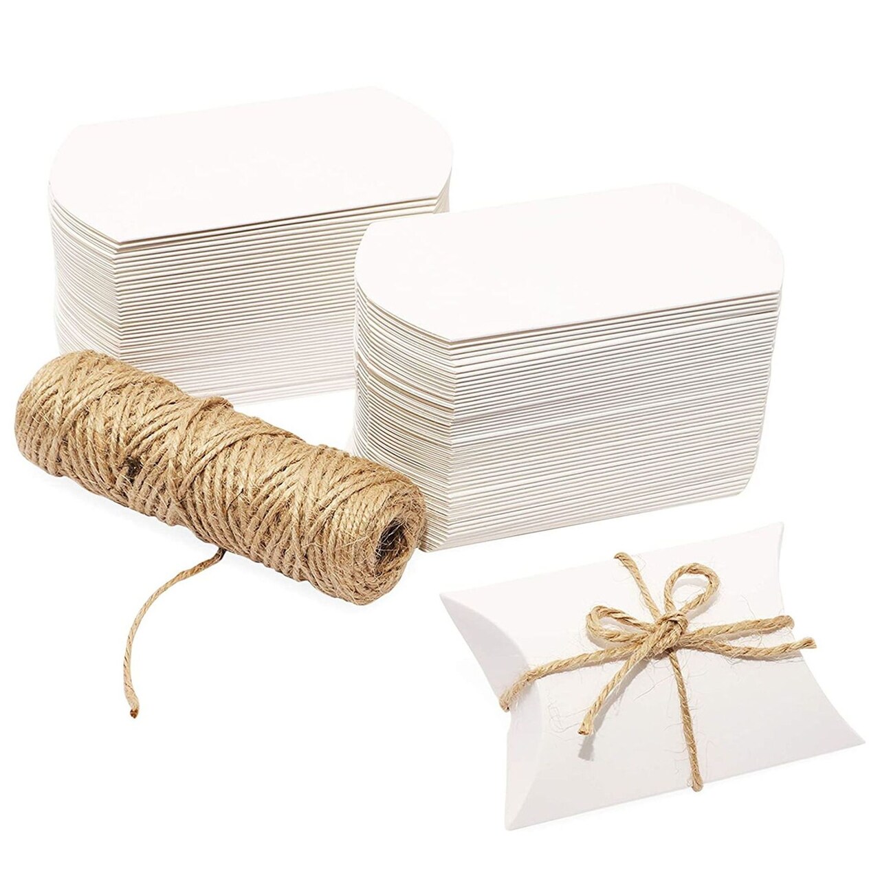 Bright Creations Mini Paper Pillow Boxes - 100 White, 3.5 x 2.5 x 0.95 in - Jute Twine Included - Party Favor, Wedding Favor & Card Holder